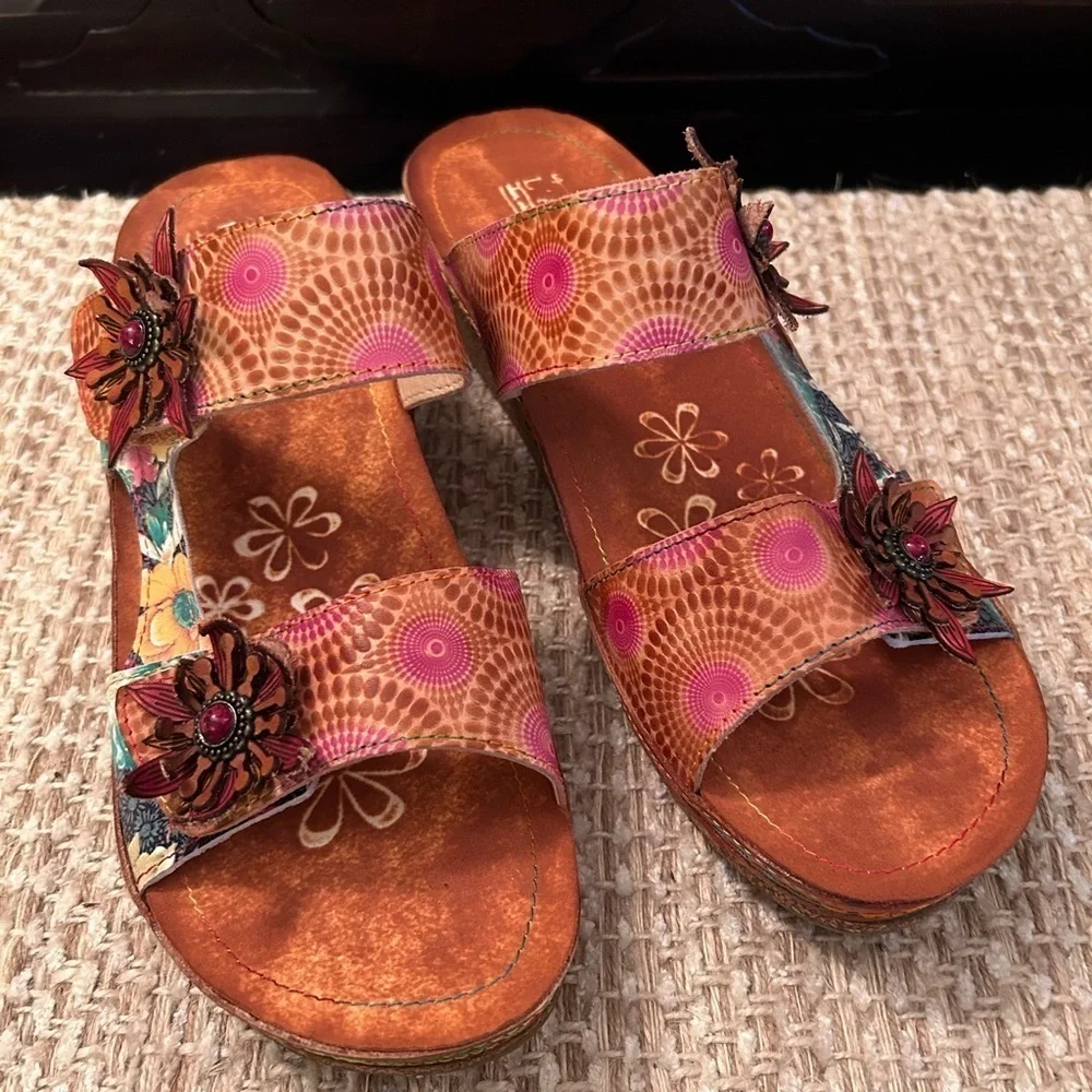 L'Artiste by Spring Step Polka-CAM Cork Wedge Sandals Size EU 42 Leather Floral